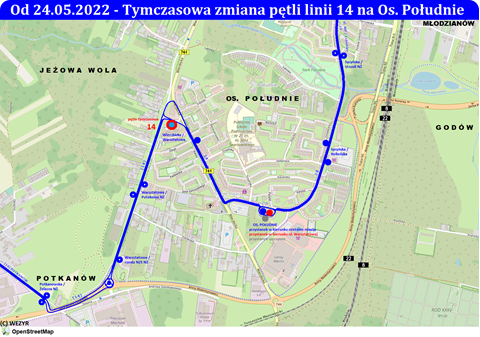 Tymczasowa zmiana pętli linii 14 na Os. Południe