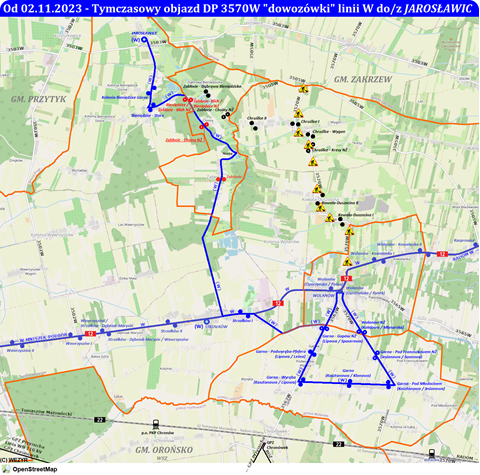 Tymczasowy objazd kursów wariantowych do/z JAROSŁAWIC linii W przez Strzałków, Zabłocie