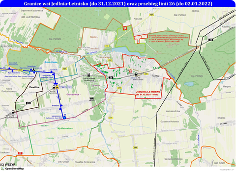Ośrodek gminny Jedlnia-Letnisko i stary przebieg trasy linii 26