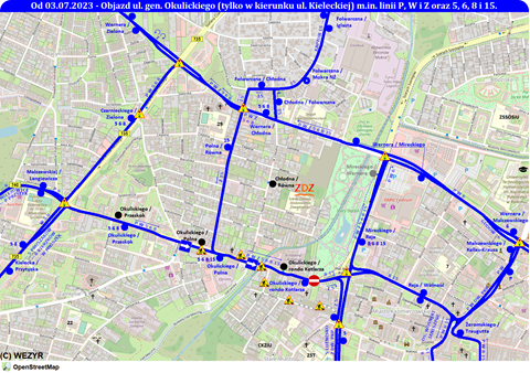 Objazdy ul. gen. Okulickiego linii P, W i Z oraz m.in. linii 5, 6, 8 i 15