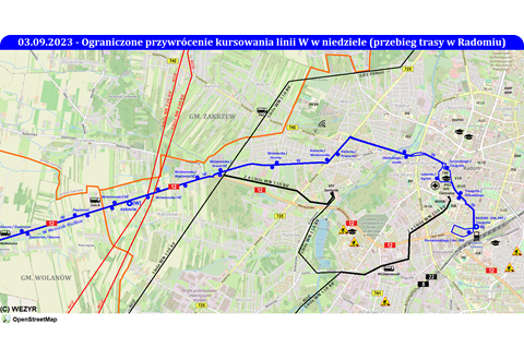 Niedzielny przebieg linii W w Radomiu
