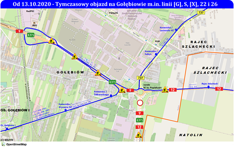 Objazd na Gołębiowie linii [G], S, [X], 22 i 26