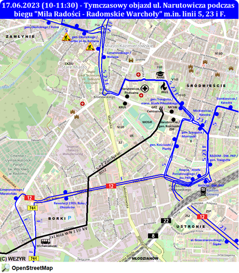 Objazd ul. Narutowicza podczas biegu Mila Radości - Radomskie Warchoły m.in. linii 5, 23 i F