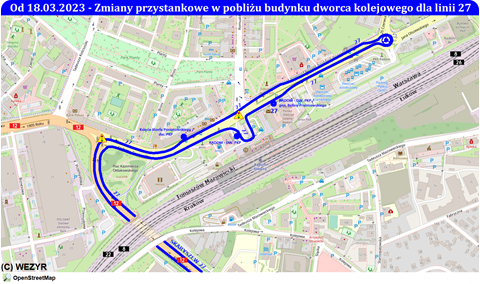 Przebieg linii 27 w pobliżu dworca PKP