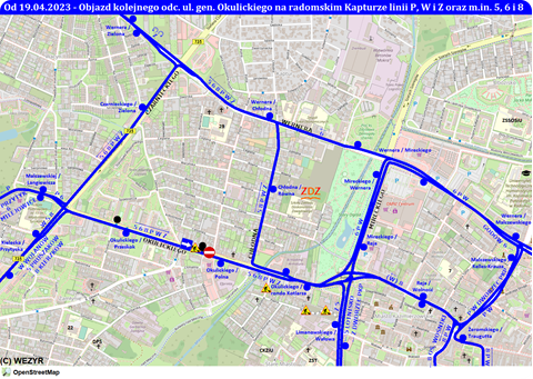 Objazdy kolejnego odc. ul. gen. Okulickiego linii P, W i Z oraz m.in. linii 5, 6 i 8