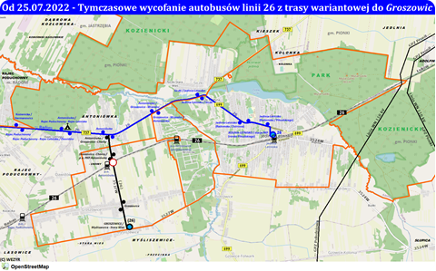 Skierowanie kursów wariantowych do/z Groszowic do Jedlni-Letniska
