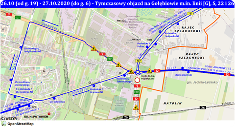 Zmiana objazdu na Gołębiowie linii [G], S, 22 i 26